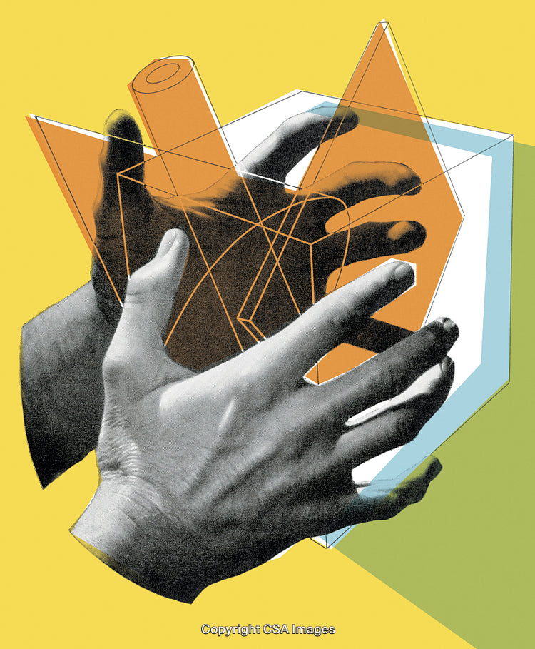 Surreal Hands Interacting With Geometric Shapes in Graphic Art Composition