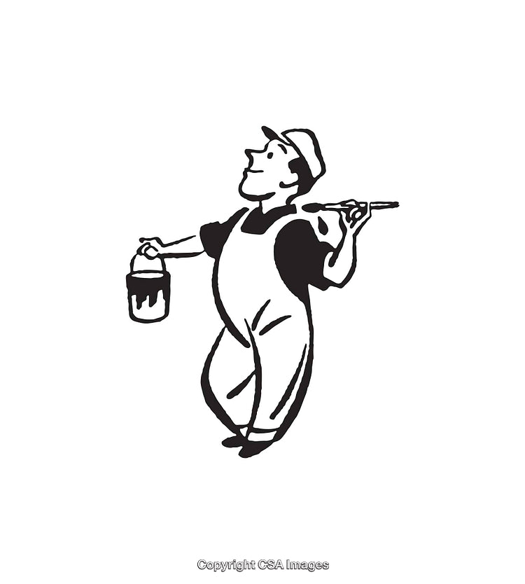 Illustration of a Painter Holding Brush and Paint Bucket in Black and White