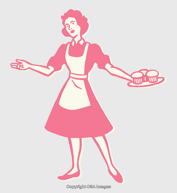 Retro Style Illustration of a Homemaker Holding Muffins in Apron