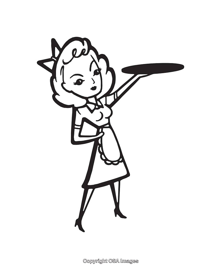 Retro Style Waitress Line Art Holding a Tray in Hand Illustration