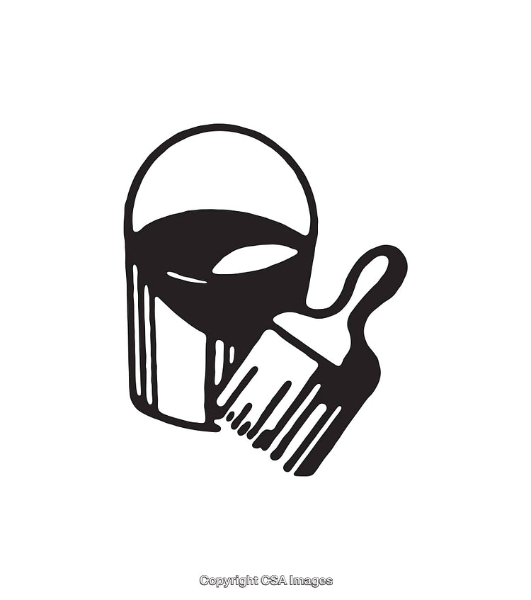 Black and White Illustration of Paint Brush and Paint Bucket