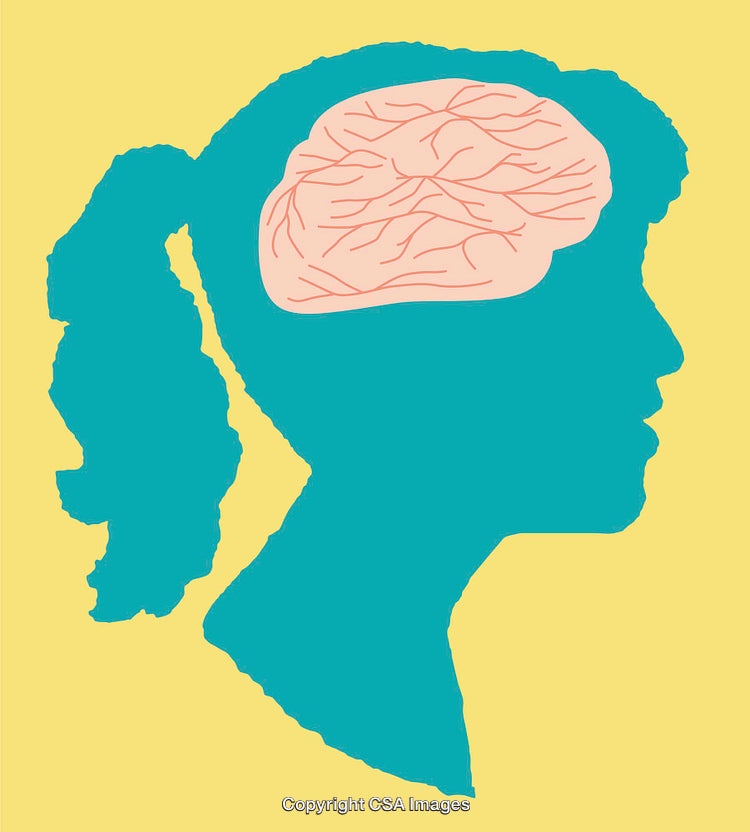 Silhouette of Woman's Head with Brain Illustration in Blue and Yellow