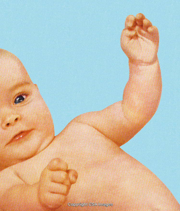 Adorable Baby Portrait with Blue Background in Vintage Printed Style