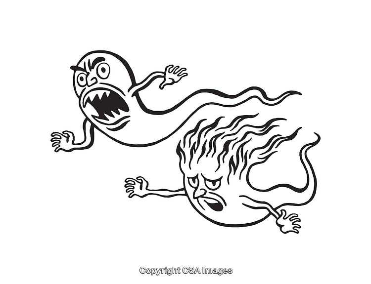 Illustration of Angry and Fiery Creatures in Black and White Line Art