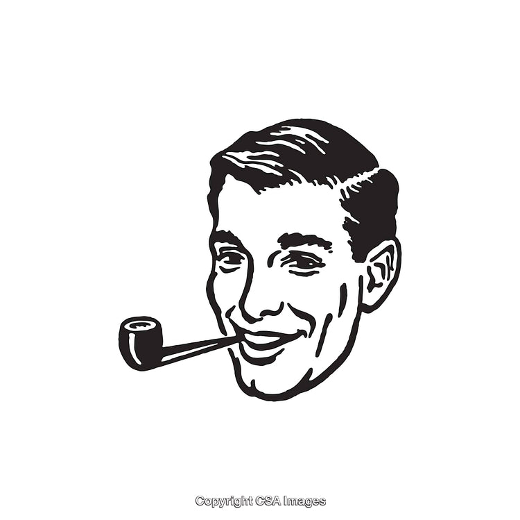 Retro Style Black and White Illustration of Smiling Man with Pipe