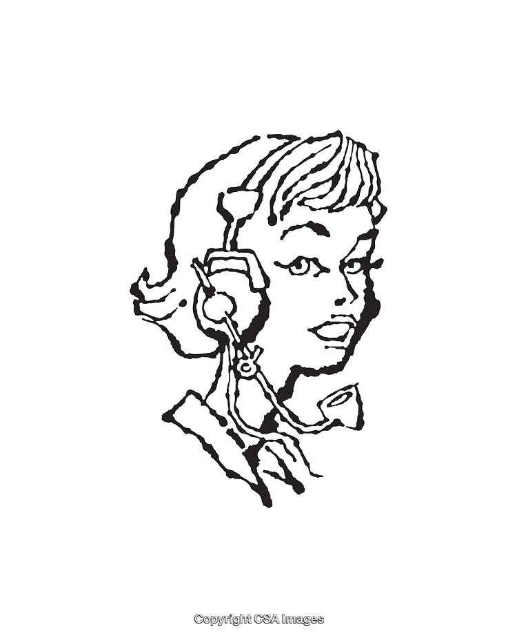 Vintage Line Art Illustration of a Woman Wearing a Headset