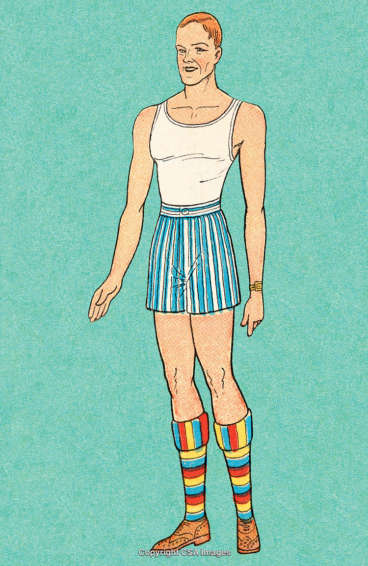 Retro Illustration of Man in Striped Shorts and Rainbow Socks on Turquoise