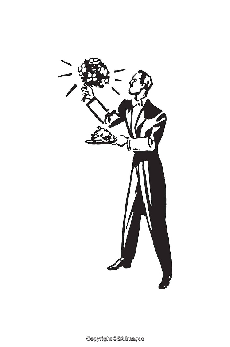 Elegant Butler Holding Bouquet and Serving Dish in Monochrome Line Art