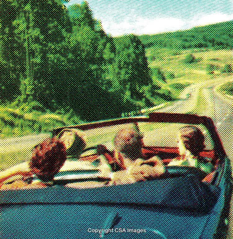 Retro Illustration of Family Driving a Convertible Through Scenic Countryside