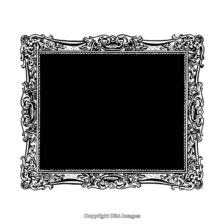 Blank Ornate Vintage Frame with Decorative Elements, Black and White Illustration