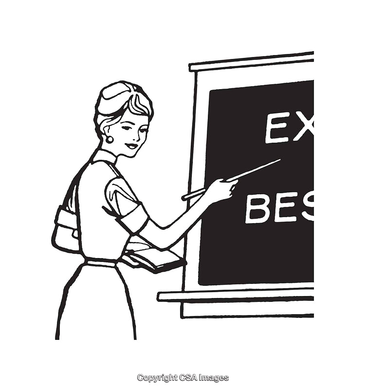 Retro Black-and-White Illustration of a Teacher at a Blackboard