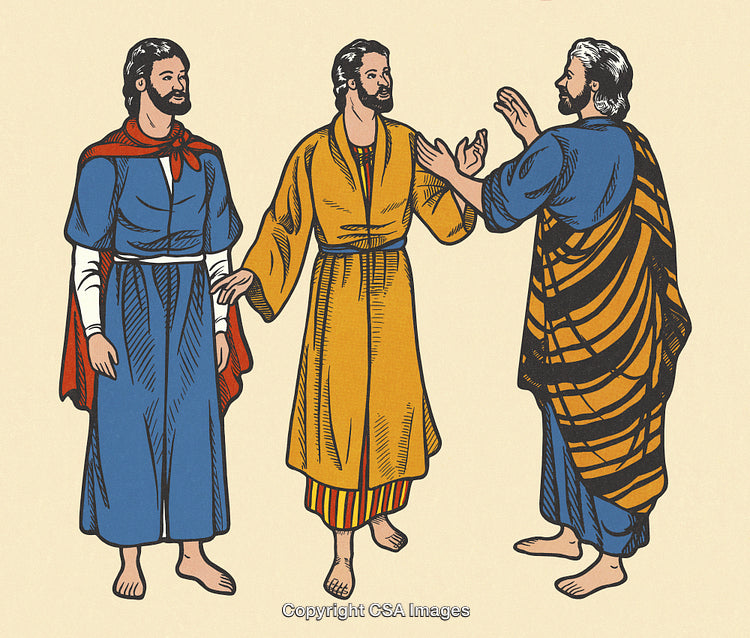 Illustration of Three Ancient Figures in Traditional Attire in Conversation