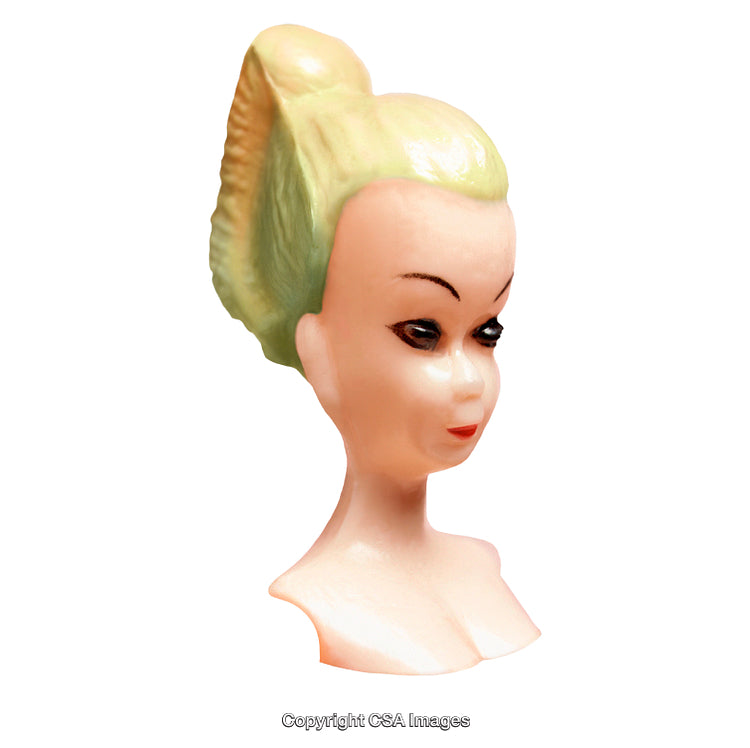 Vintage Female Figurine With Yellow Hair Isolated on White Background