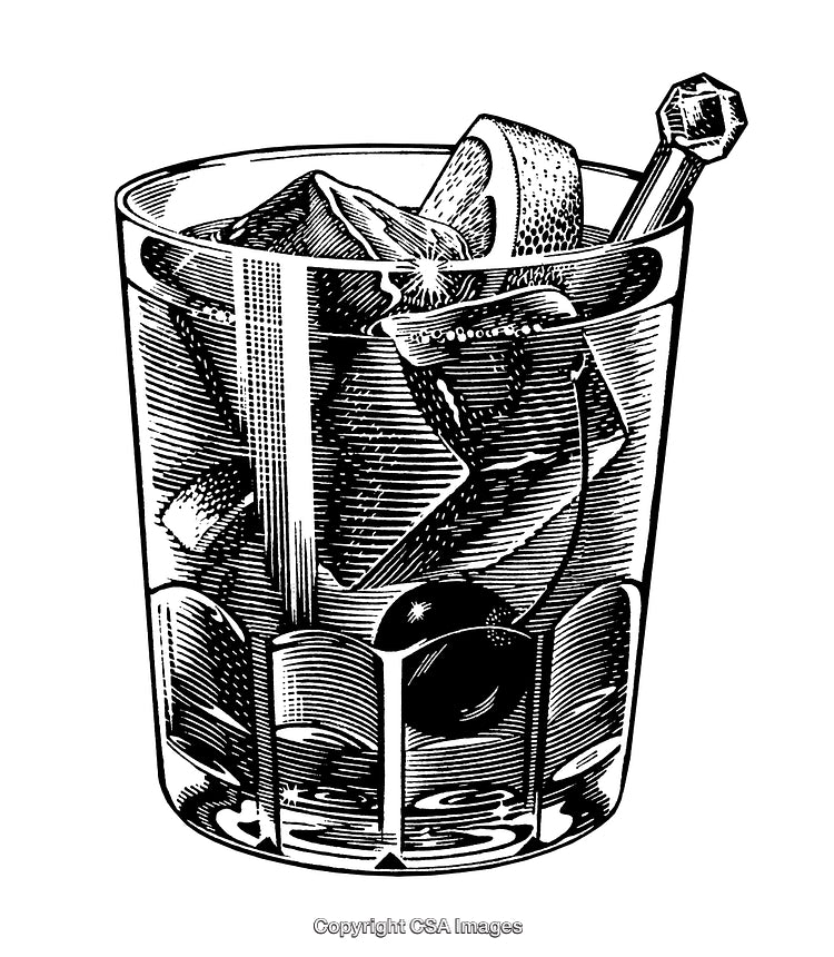 Engraved Black and White Illustration of Classical Cocktail Drink