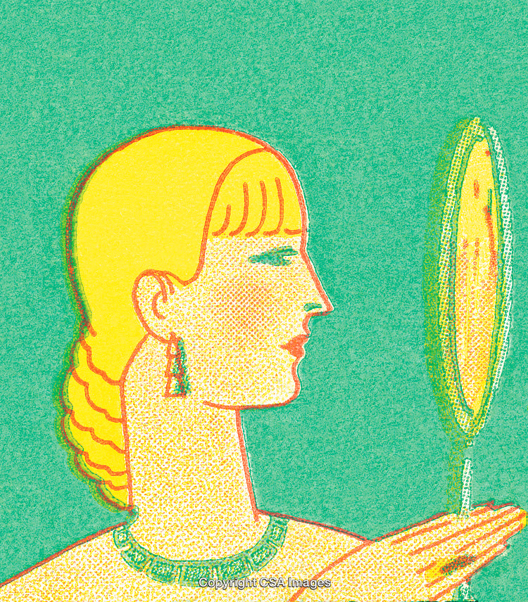 Stylized Illustration of Woman with Mirror and Vibrant Yellow Hair