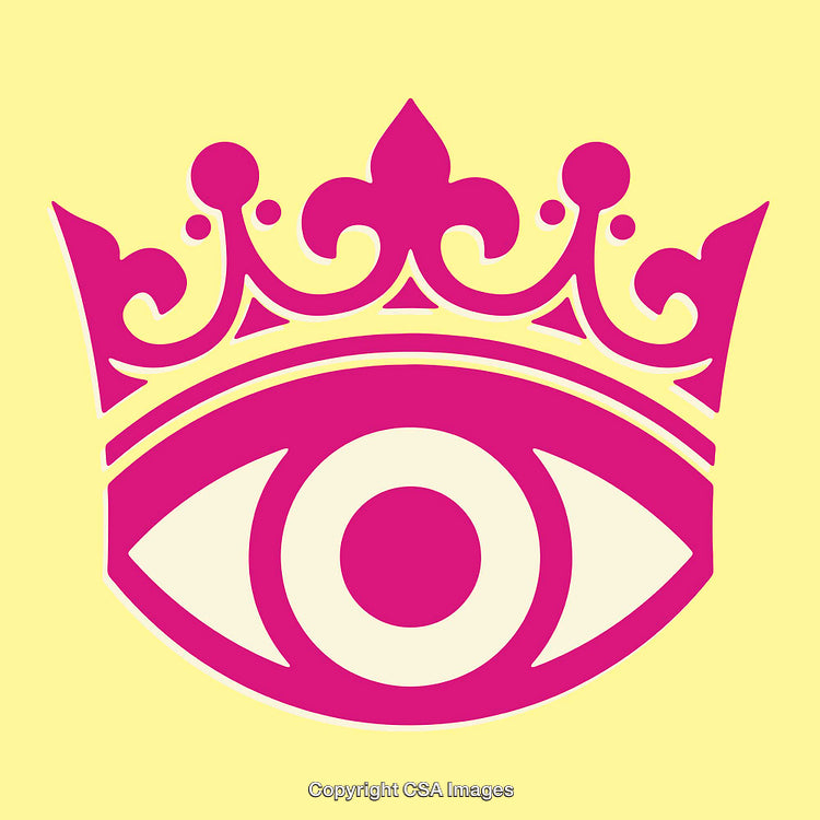 Vibrant Pink Eye Symbol with Crown on Yellow Background
