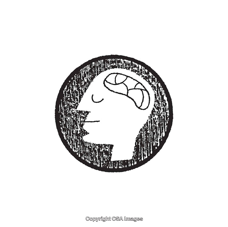 Black and White Illustration of a Profile with Brain in Circle