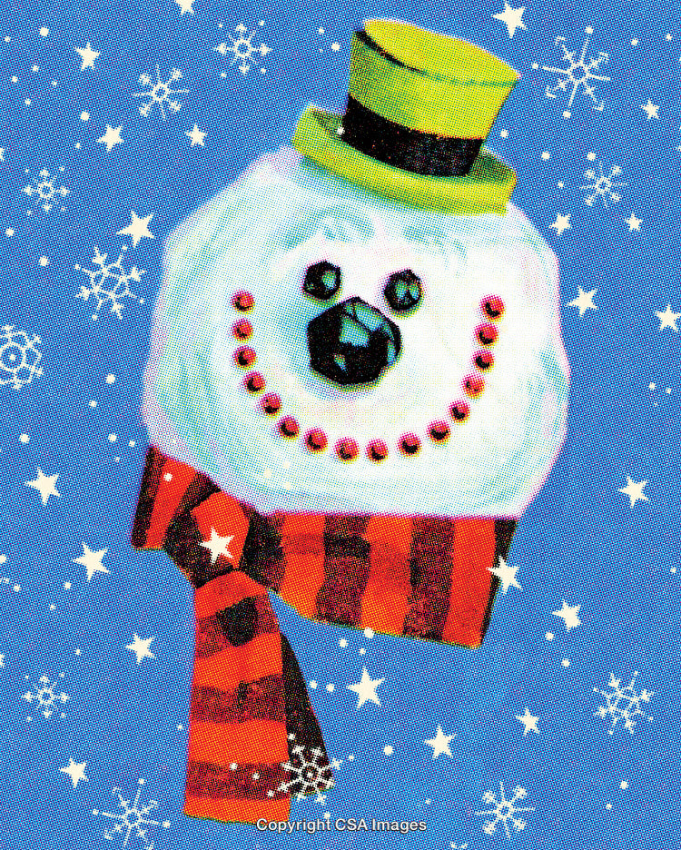 Festive Snowman Illustration With Stars and Snowflakes on Blue Background