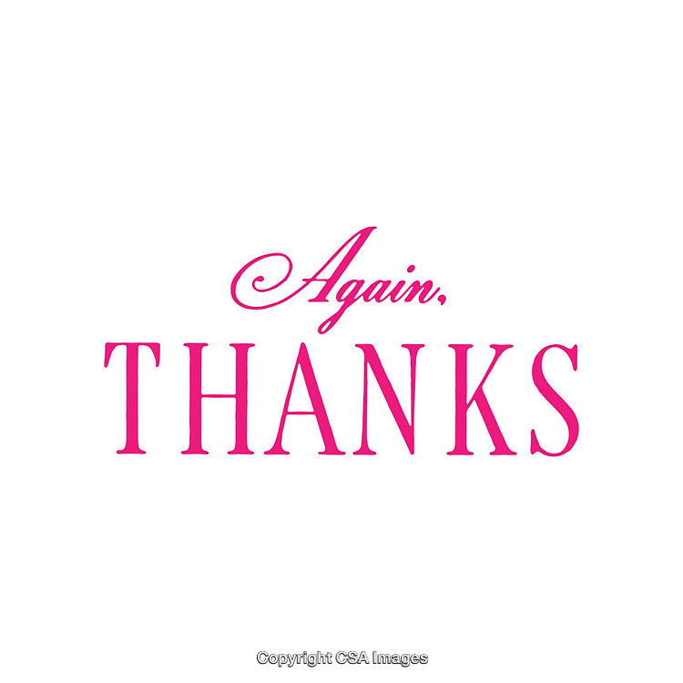 Elegant Pink 'Again, Thanks' Text on Clean White Background