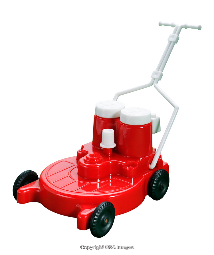 Red Plastic Toy Lawnmower with White Handle and Realistic Design