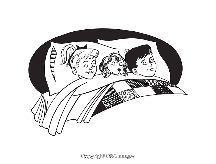Black and White Line Art of Children and Dog in Quilt-Patterned Bed