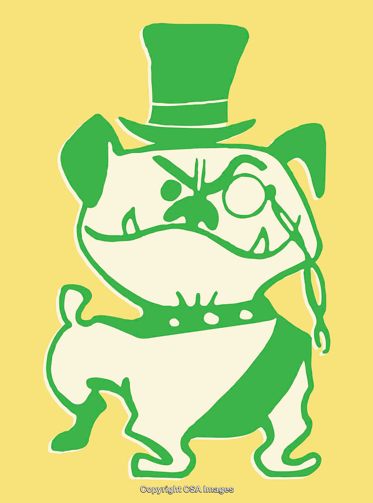 Charming Bulldog Illustration Wearing Fancy Hat and Monocle in Colorful Style