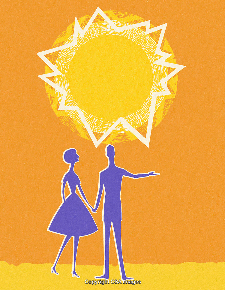 Silhouette of Couple Holding Hands with Sun Illustration on Orange Background