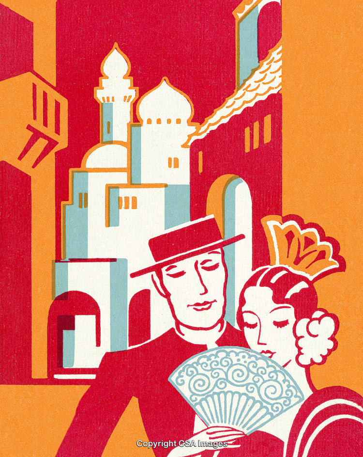 Vintage Illustration Depicting Romantic Couple with Mosque Backdrop in Retro Colors
