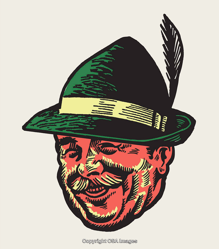 Vintage Color Line Art Illustration of a Smiling Man in Traditional Hat