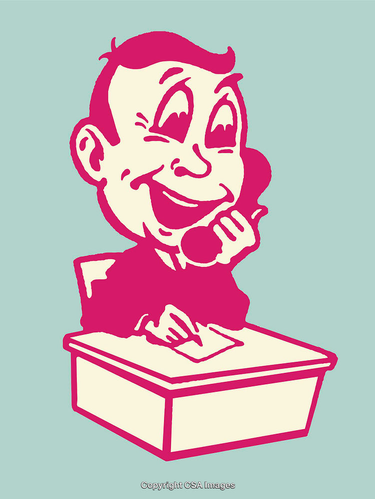 Vintage Line Art Illustration of Man on Telephone at Desk