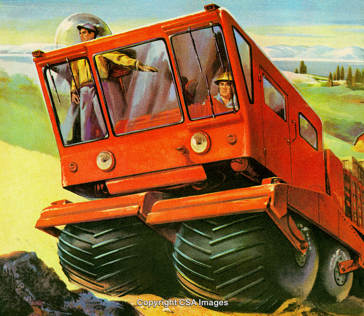 Vintage Illustration of a Futuristic All-Terrain Vehicle in Action