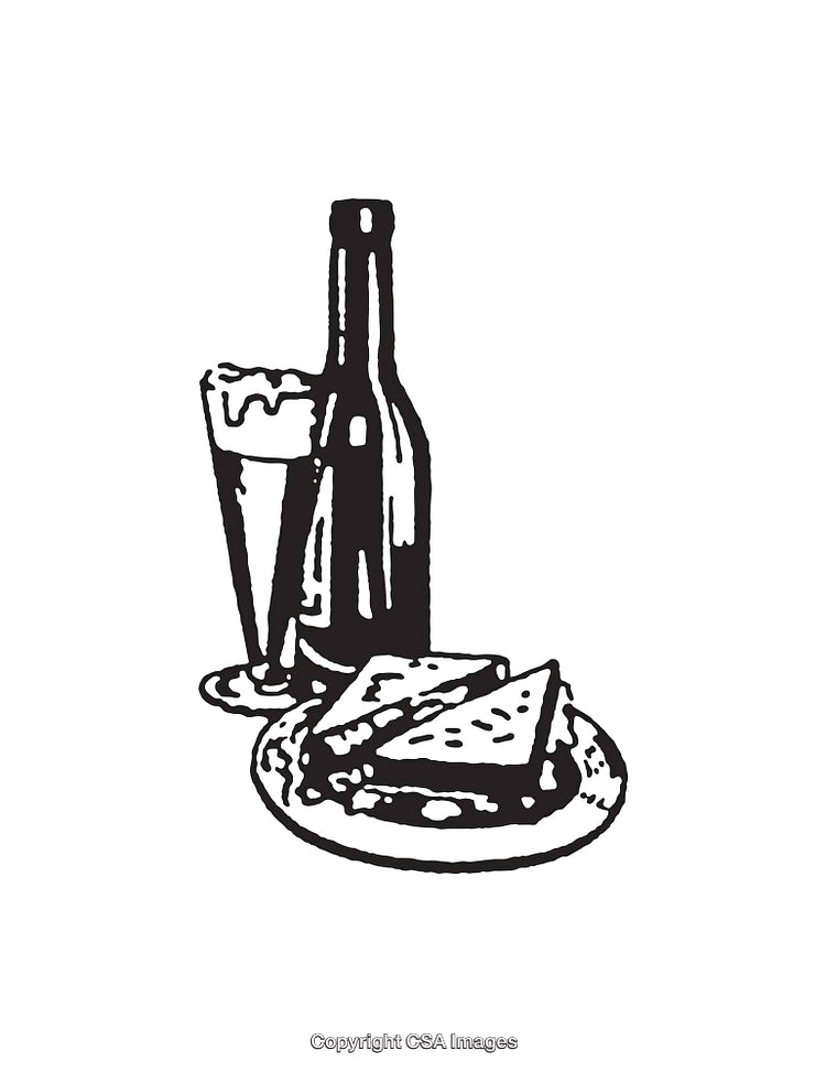 Black and White Illustration of Beer Bottle, Glass, and Cheese Plate