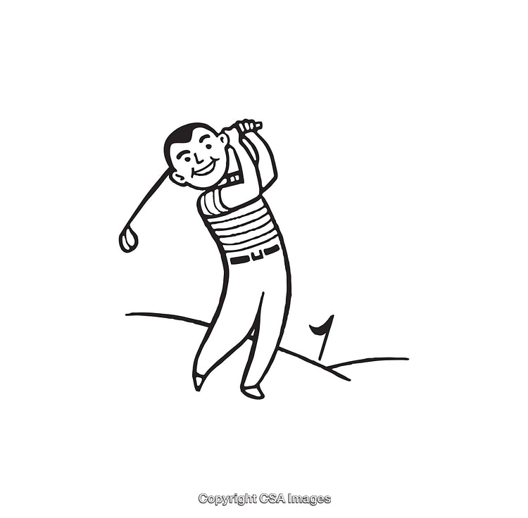 Black And White Illustration of a Golfer Swinging on a Golf Course