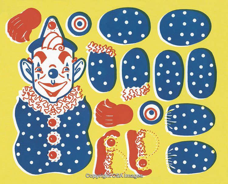 Vintage Clown Puppet Paper Cutout Assembly on a Bright Yellow Background
