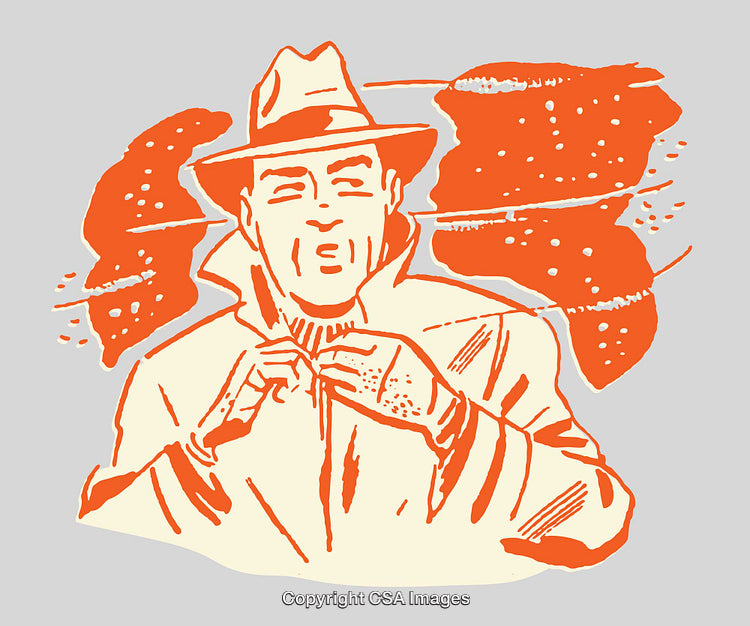 Vintage Color Line Art of Person in Hat and Coat with Abstract Shapes