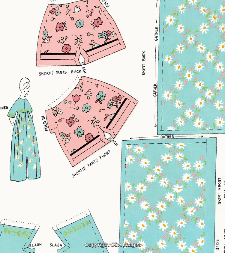 Vintage Sewing Pattern Design with Floral-Fabric Illustrations and Instructions