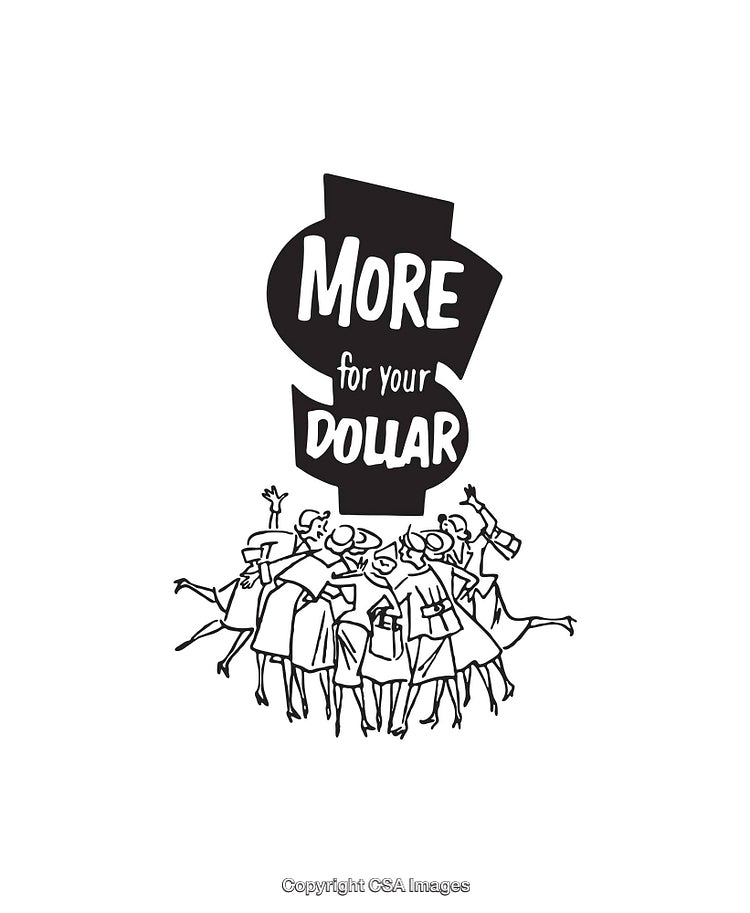 Retro Line Art Depicting Shoppers With More Value for Their Money