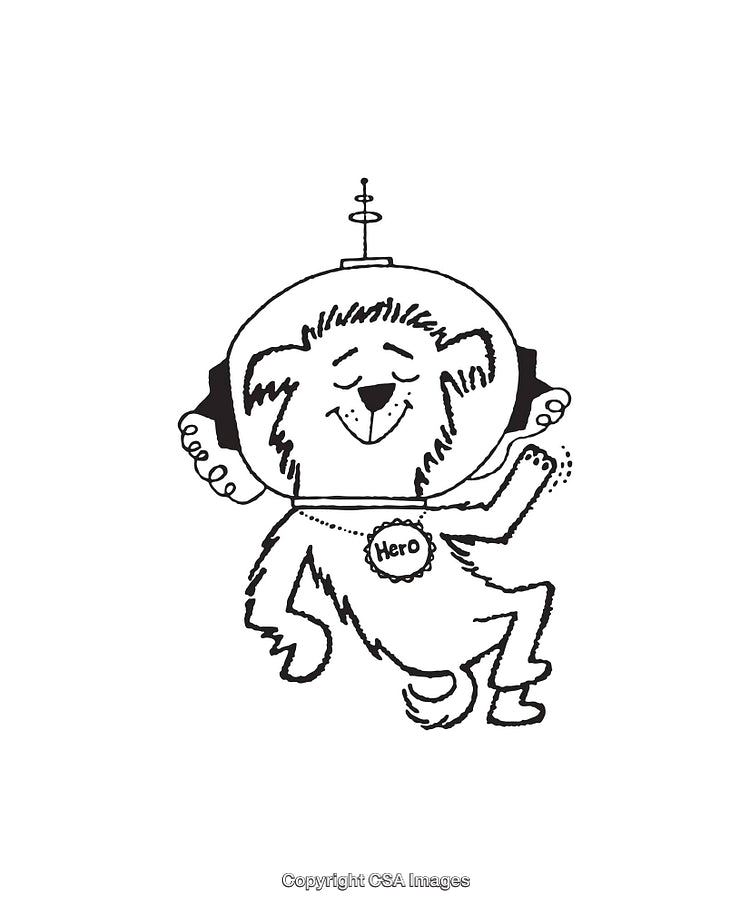Whimsical Illustration of a Cartoon Dog Wearing a Spacesuit Helmet
