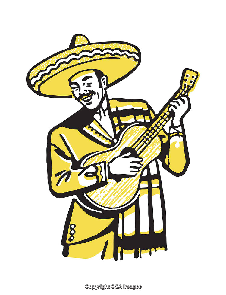 Mexican Musician Playing Guitar in Vibrant Yellow and Black Illustration