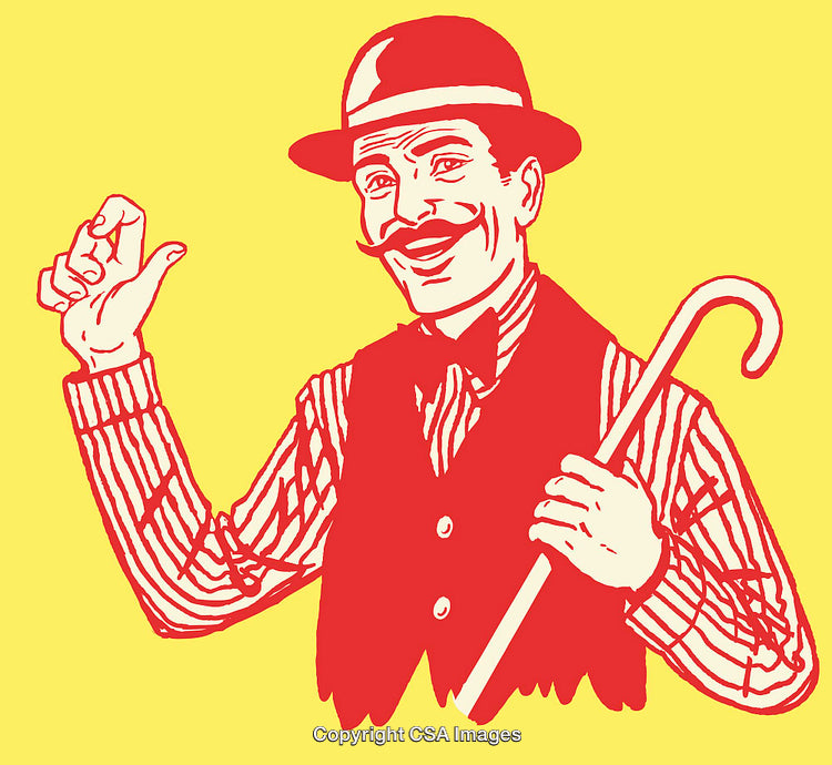 Vintage Illustration of a Smiling Man with Cane on Yellow Background