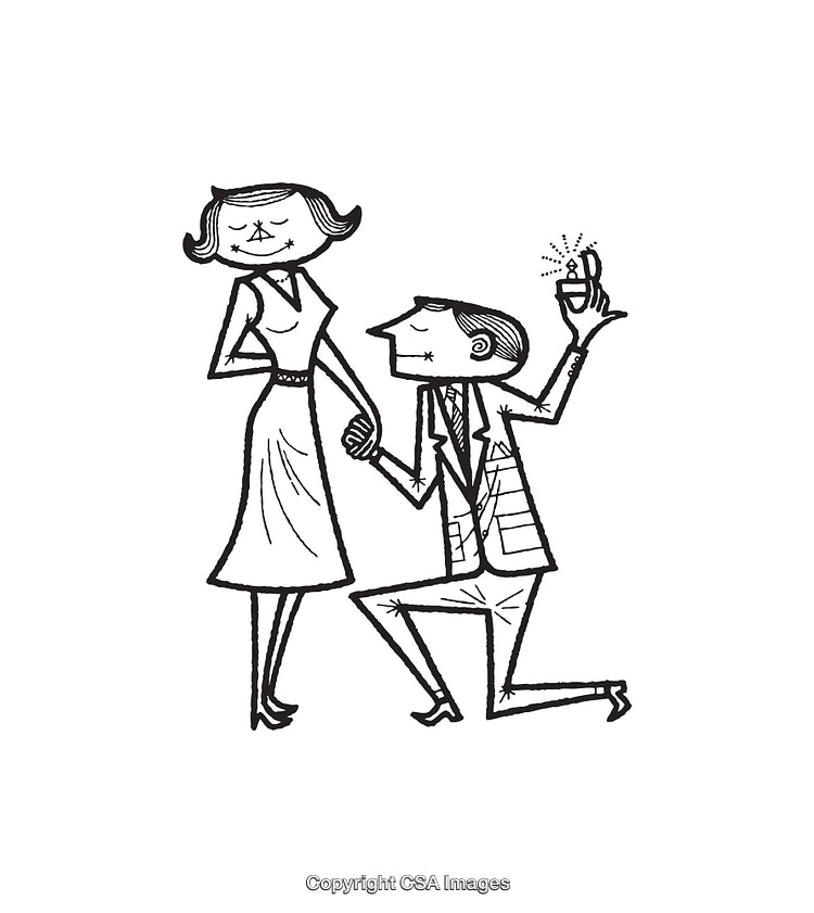 Black and White Line Art Illustration Depicting a Marriage Proposal Scene