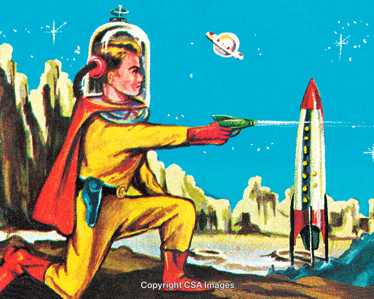 Retro Space Adventure Illustration Featuring Astronaut and Rocket