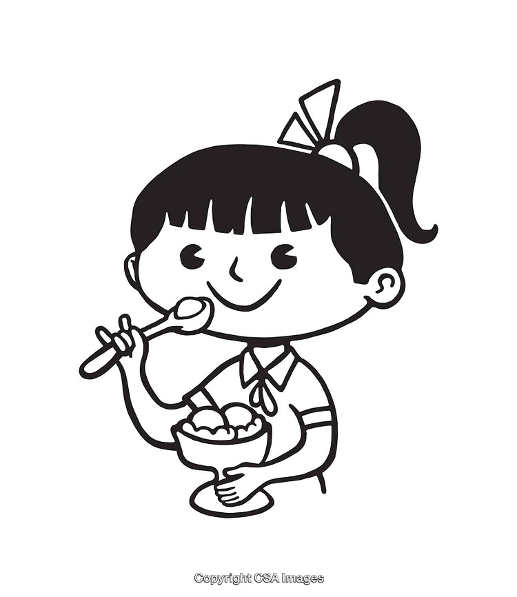 Black And White Line Art of Girl Eating Ice Cream With Joy