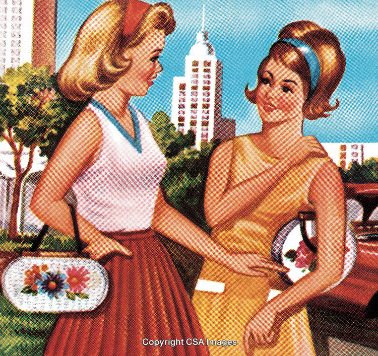 Retro Illustration of Two Women in Conversation in a Stylish Urban Setting