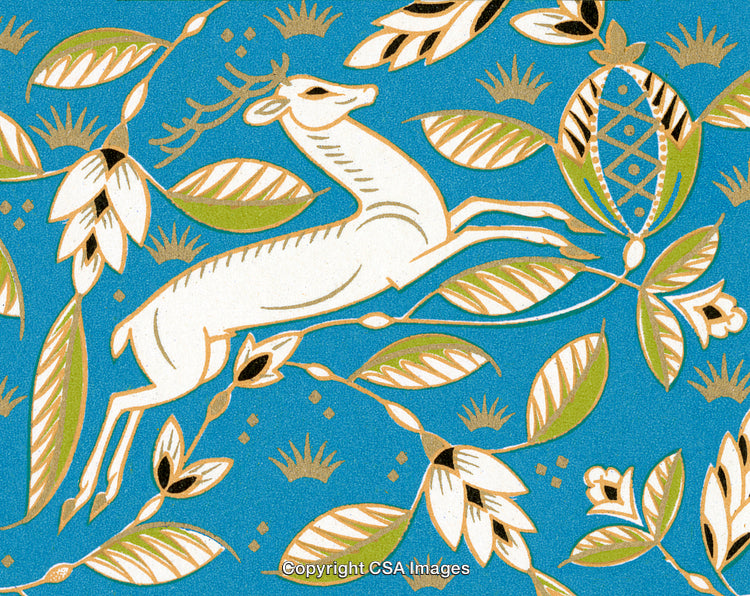 Elegant White Deer Amidst Vibrant Floral Patterns on a Blue Background