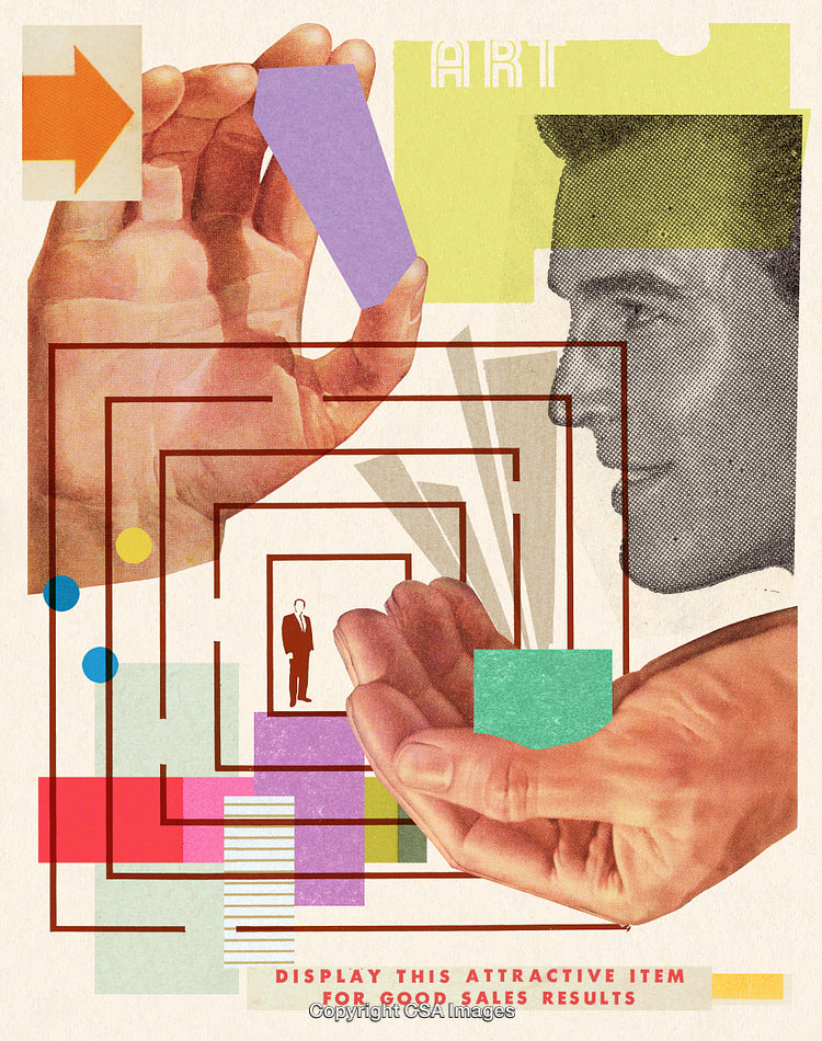Abstract Collage Featuring Hands and Geometric Elements in Pastel Colors