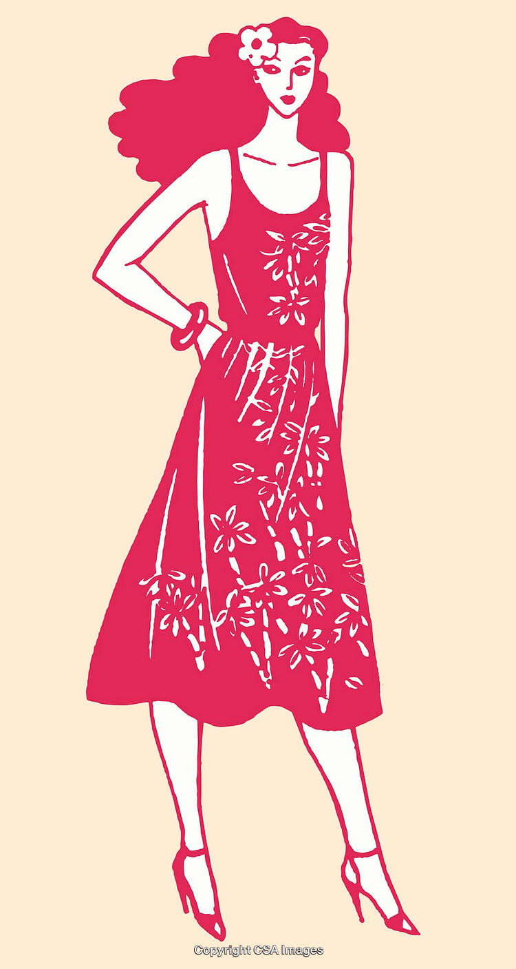 Stylized Illustration of Woman in Floral Dress with Vintage Art Style