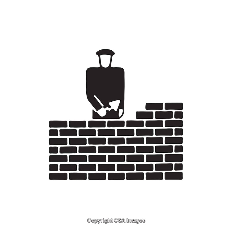 Black And White Icon of a Mason Building a Brick Wall