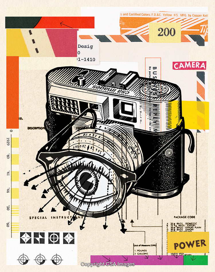 Vintage Camera Collage With Artistic Eye and Retro Graphics