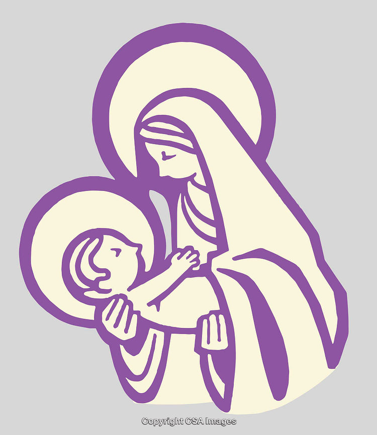 Stylized Sacred Mother and Child Religious Illustration in Purple and White